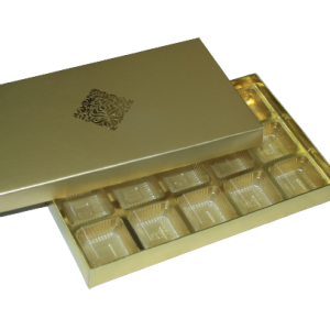 Elegant 12-cavity chocolate box with a gold finish, perfect for gifting chocolates, dry fruits, and treats during Diwali and other festive occasions.