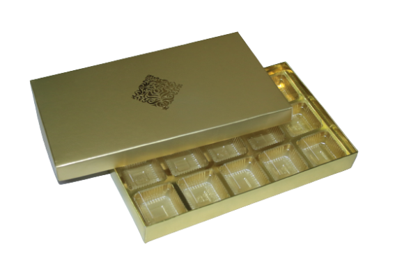 Elegant 12-cavity chocolate box with a gold finish, perfect for gifting chocolates, dry fruits, and treats during Diwali and other festive occasions.