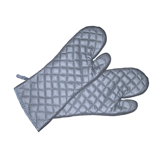 Silver Oven Gloves protecting hands from heat.