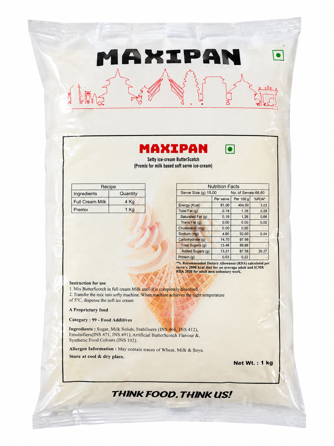 Maxipan Butterscotch Soft Serve Ice Cream Premix 1kg | Milk Based Ice Cream Mix | Butterscotch Flavor